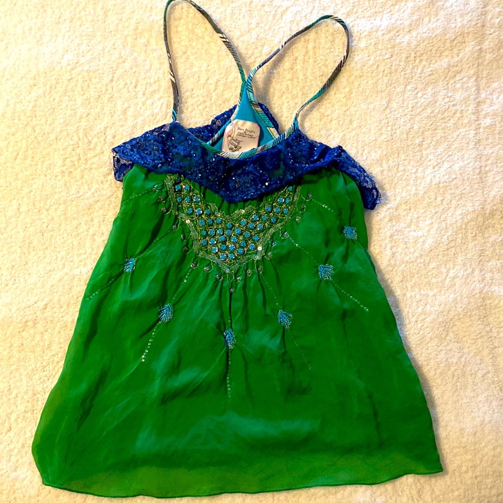 Free People size 12 top in emerald green silk overlay
